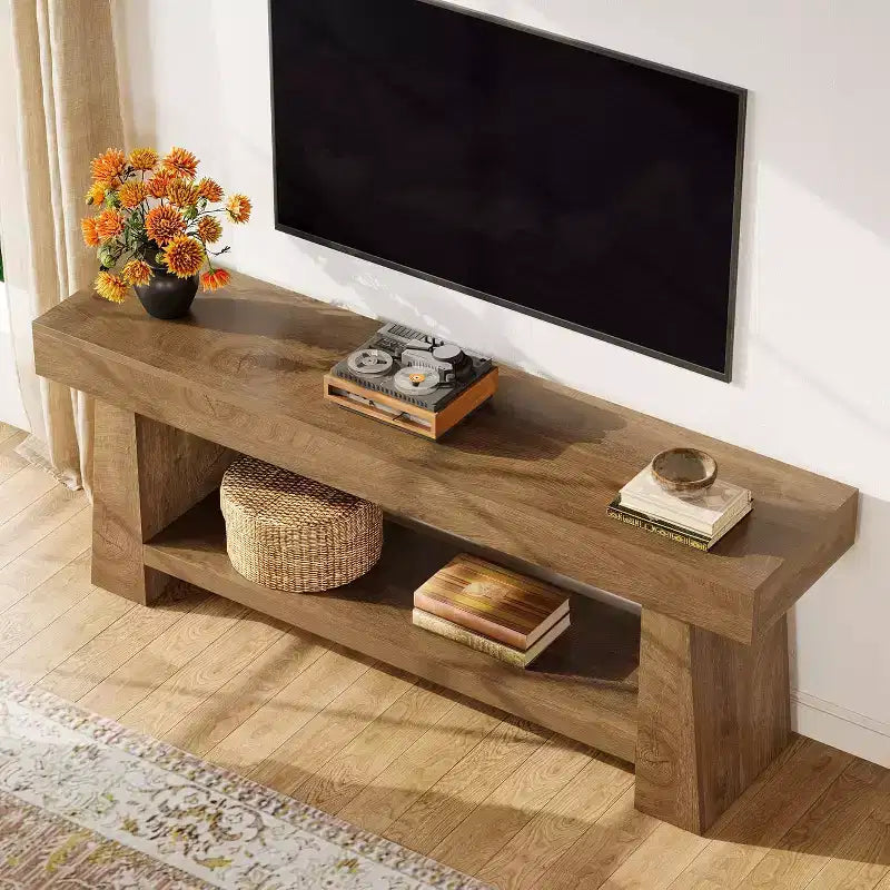 Meuble TV Lantine 63 pouces pour téléviseurs 55/60/65/70 pouces, meuble de divertissement en bois à 2 niveaux, console média pour salon, chambre à coucher