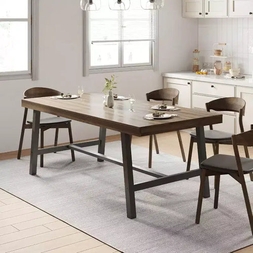 71 Inch Rectangular Dining Table for 6-10 People, Modern Farmhouse Kitchen Table with Adjustable Feet, Sturdy Long Dining Room Table, Brown