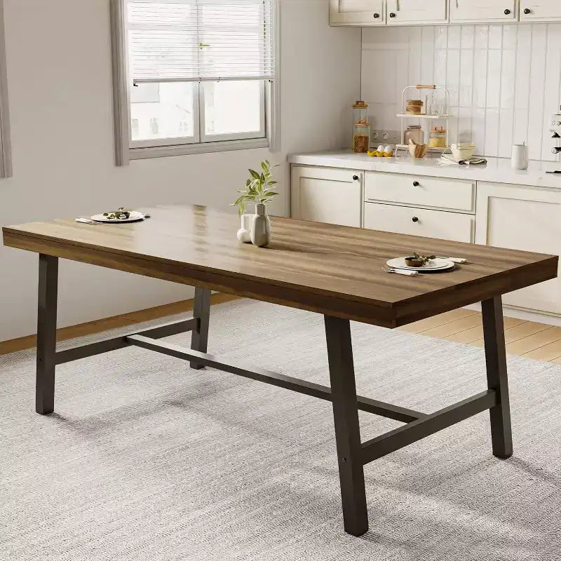 Table à manger rectangulaire de 180 cm pour 6 à 10 personnes, table de cuisine de ferme moderne avec pieds réglables, table de salle à manger longue et robuste, marron