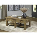 Signature Design by Ashley Vandenmore Rectangular Coffee Table, Farmhouse Storage Table with Drawers and Bottom Shelf, Medium Brown