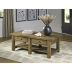 Signature Design by Ashley Vandenmore Rectangular Coffee Table, Farmhouse Storage Table with Drawers and Bottom Shelf, Medium Brown
