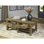 Table basse rectangulaire Vandenmore de Signature Design by Ashley, table de rangement de style ferme avec tiroirs et étagère inférieure, marron moyen