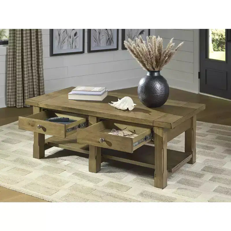 Table basse rectangulaire Vandenmore de Signature Design by Ashley, table de rangement de style ferme avec tiroirs et étagère inférieure, marron moyen