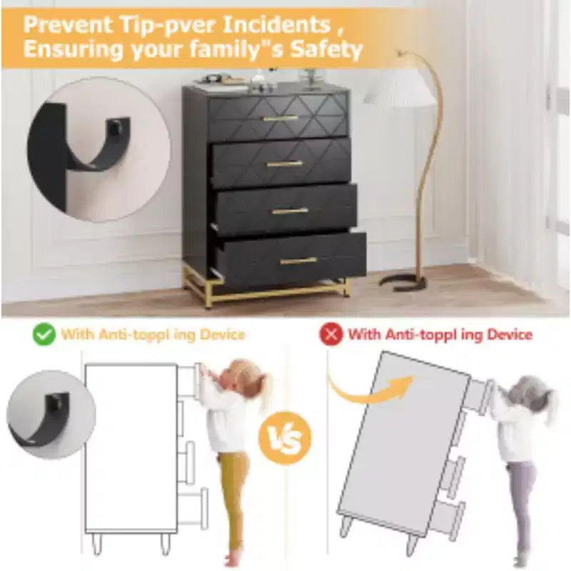 Commode à 4 tiroirs avec plateau à motif triangulaire (MDF+PB+Fer)