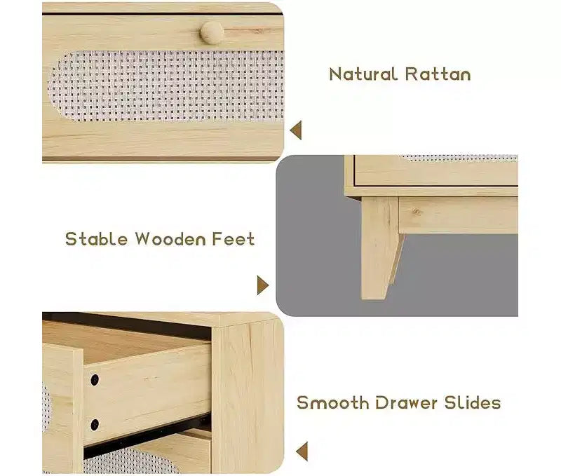 Commode à 6 tiroirs en rotin, avec ports USB et prises de courant, 6 tiroirs de rangement pour chambre à coucher, salon, couloir, chevet, salle à manger, couloir