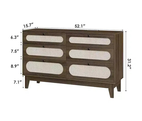 Commode à 6 tiroirs en rotin, avec ports USB et prises de courant, 6 tiroirs de rangement pour chambre à coucher, salon, couloir, chevet, salle à manger, couloir