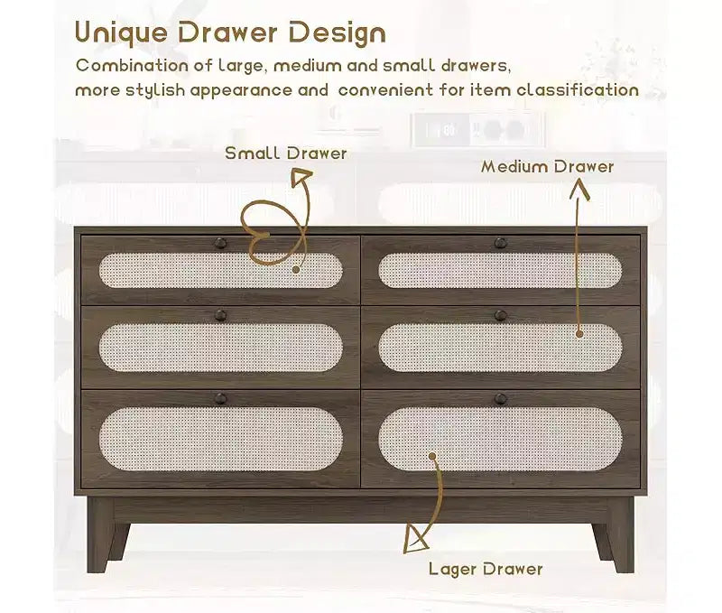 Commode à 6 tiroirs en rotin, avec ports USB et prises de courant, 6 tiroirs de rangement pour chambre à coucher, salon, couloir, chevet, salle à manger, couloir