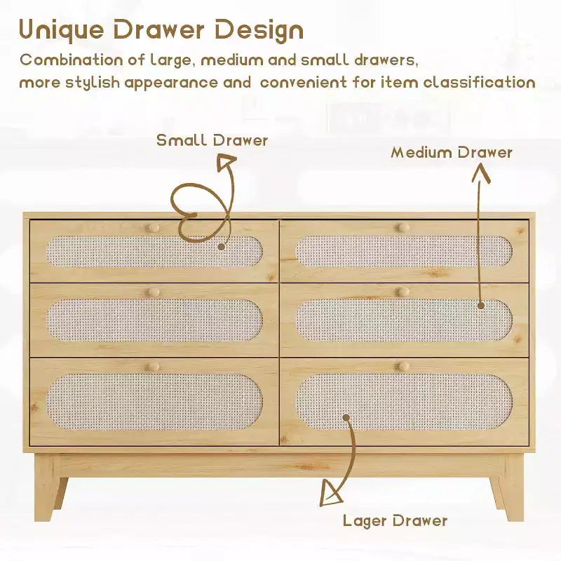 Commode à 6 tiroirs en rotin, avec ports USB et prises de courant, 6 tiroirs de rangement pour chambre à coucher, salon, couloir, chevet, salle à manger, couloir