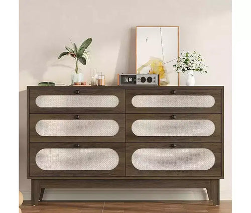 6 Rattan Drawer Dresser, with USB Ports and Outlets, 6 Chests of Drawers Storage for Bedroom, Living Room,Hallway,Bedside,Dining Room,Corridor