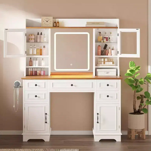 Acekool White Vanity Desk with Mirror, Adjustable Light, Drawers and Charging Ports for Bedroom or Dressing Room