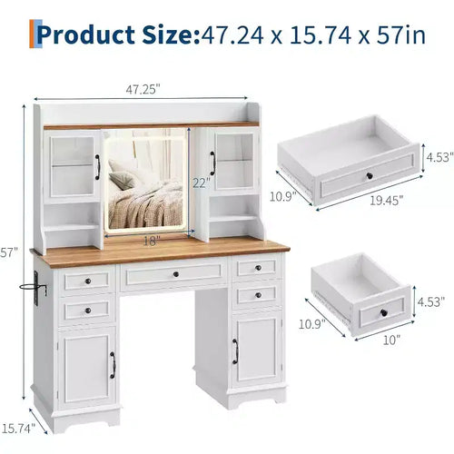 Coiffeuse blanche Acekool avec miroir, lumière réglable, tiroirs et ports de charge pour chambre ou dressing