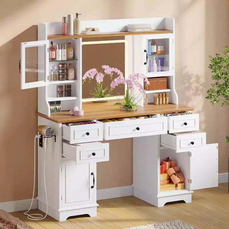 Coiffeuse blanche Acekool avec miroir, lumière réglable, tiroirs et ports de charge pour chambre ou dressing