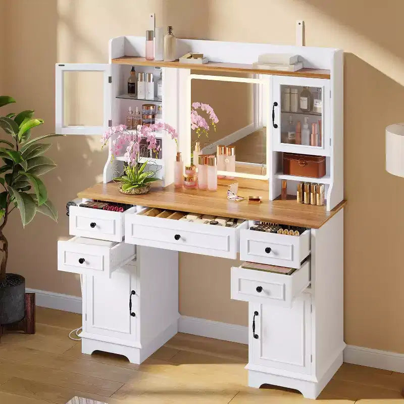 Coiffeuse blanche Acekool avec miroir, lumière réglable, tiroirs et ports de charge pour chambre ou dressing