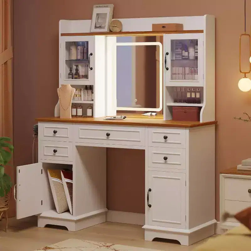 Coiffeuse blanche Acekool avec miroir, lumière réglable, tiroirs et ports de charge pour chambre ou dressing