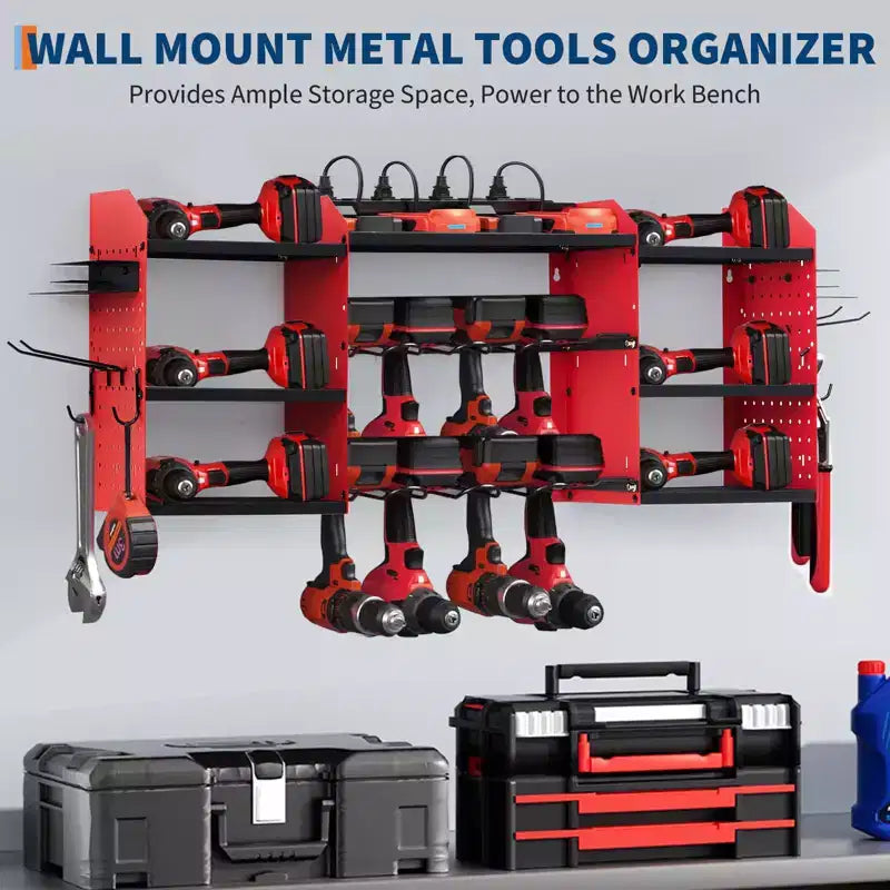 Organisateur d'outils électriques mural, support de garage robuste à 4 niveaux, étagère de rangement pour 8 perceuses sans fil avec crochets, étagère pour forets, support de rangement pour batteries