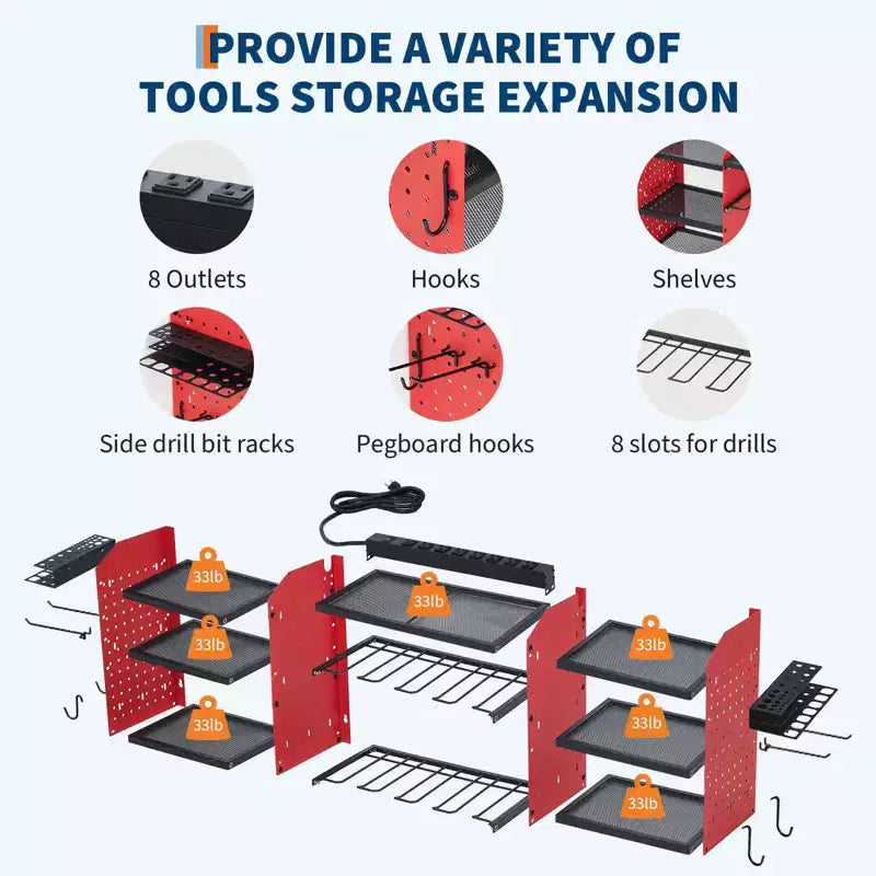 Organisateur d'outils électriques mural, support de garage robuste à 4 niveaux, étagère de rangement pour 8 perceuses sans fil avec crochets, étagère pour forets, support de rangement pour batteries