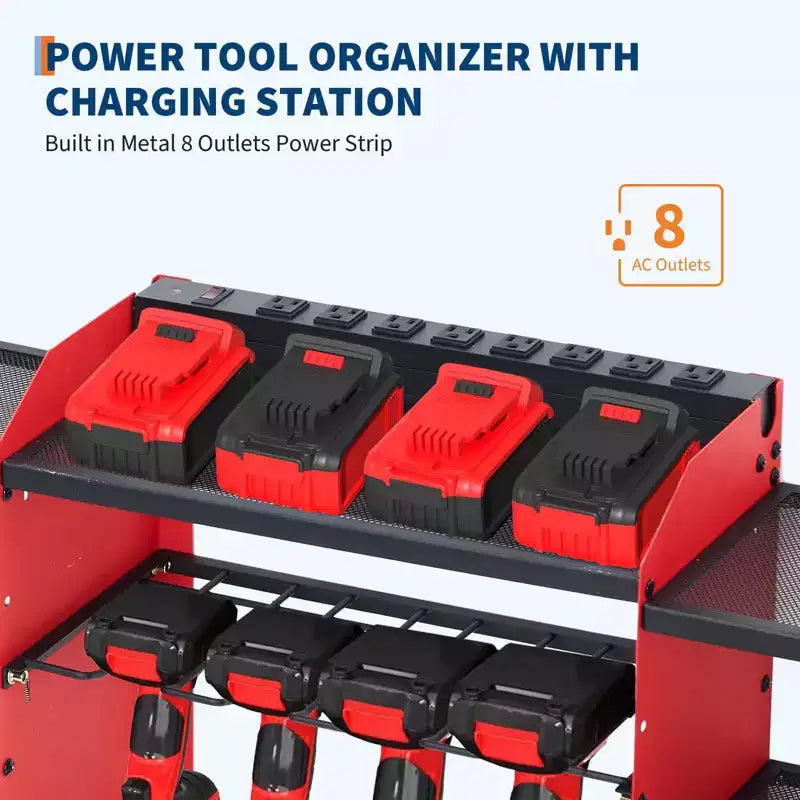 Organisateur d'outils électriques mural, support de garage robuste à 4 niveaux, étagère de rangement pour 8 perceuses sans fil avec crochets, étagère pour forets, support de rangement pour batteries