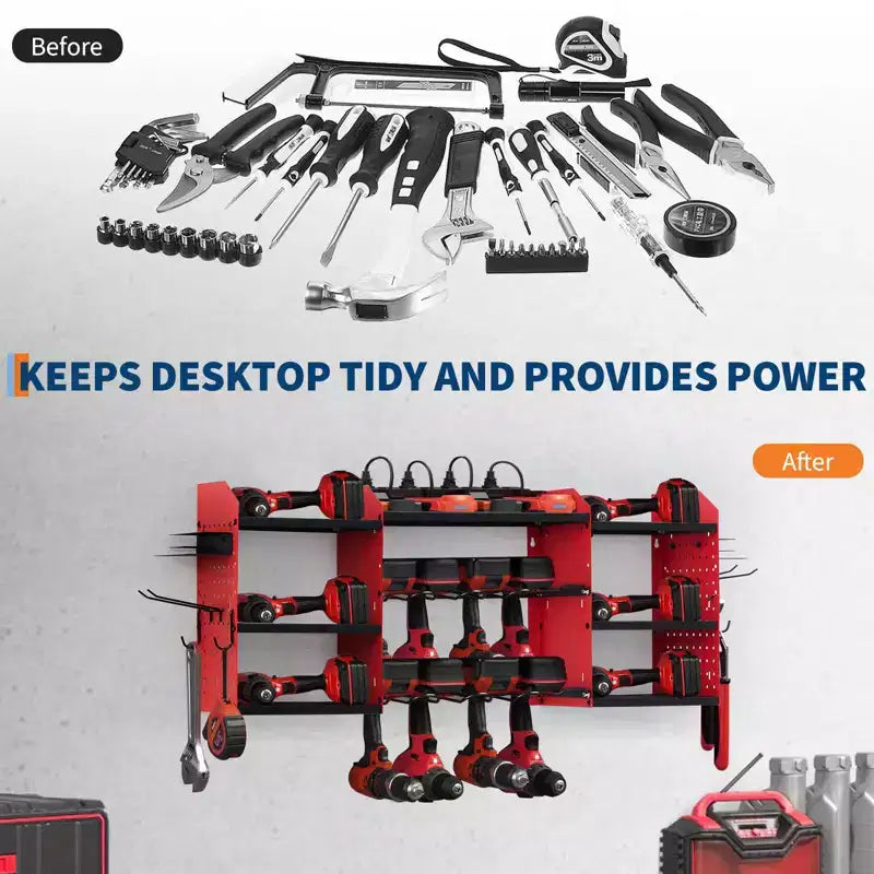 Organisateur d'outils électriques mural, support de garage robuste à 4 niveaux, étagère de rangement pour 8 perceuses sans fil avec crochets, étagère pour forets, support de rangement pour batteries