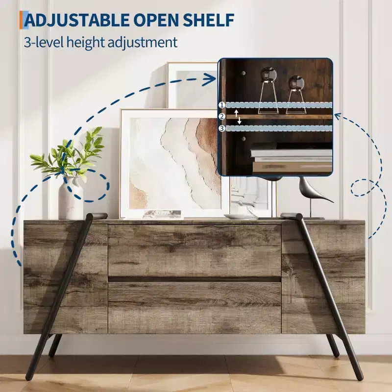 Meuble TV meuble de divertissement moderne avec étagère réglable, 2 tiroirs, console multimédia, pieds en métal en forme de U, pour salon, chambre, bureau