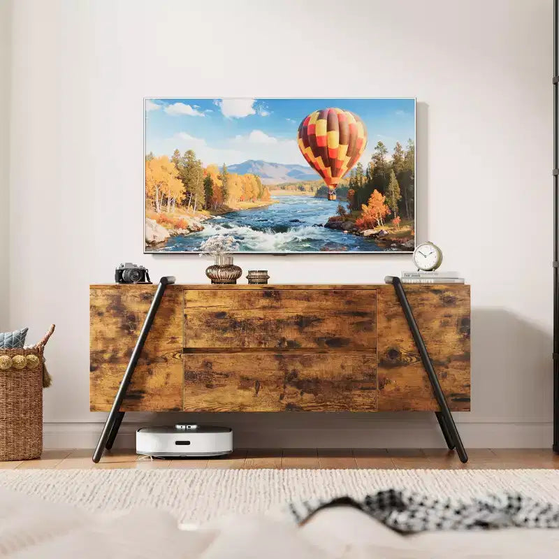 Meuble TV meuble de divertissement moderne avec étagère réglable, 2 tiroirs, console multimédia, pieds en métal en forme de U, pour salon, chambre, bureau