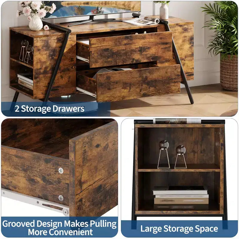 Meuble TV meuble de divertissement moderne avec étagère réglable, 2 tiroirs, console multimédia, pieds en métal en forme de U, pour salon, chambre, bureau