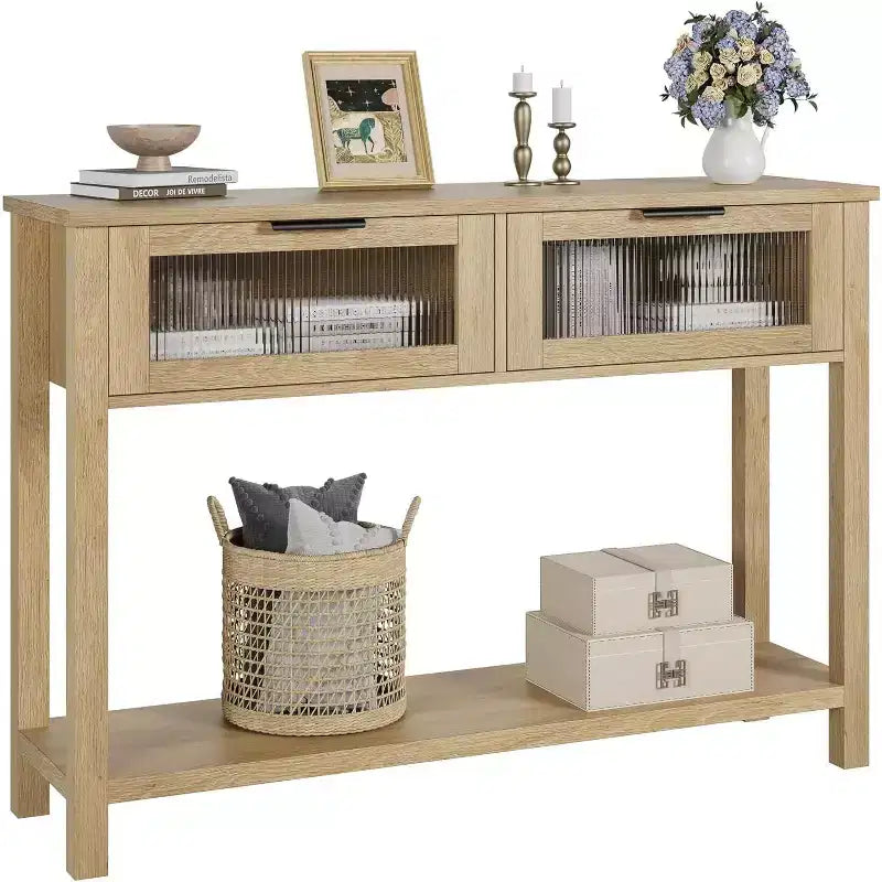 Narrow 2-Tier Console Table with 2 Glass Drawers, Modern Sofa & Entryway Table for Living Room, Hallway Natural