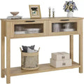 Narrow 2-Tier Console Table with 2 Glass Drawers, Modern Sofa & Entryway Table for Living Room, Hallway Natural