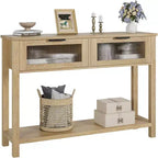 Narrow 2-Tier Console Table with 2 Glass Drawers, Modern Sofa & Entryway Table for Living Room, Hallway Natural