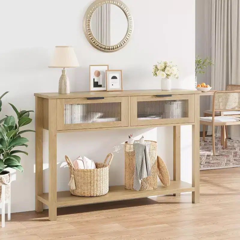 Console étroite à 2 niveaux avec 2 tiroirs en verre, table de canapé et d'entrée moderne pour salon, couloir, naturel