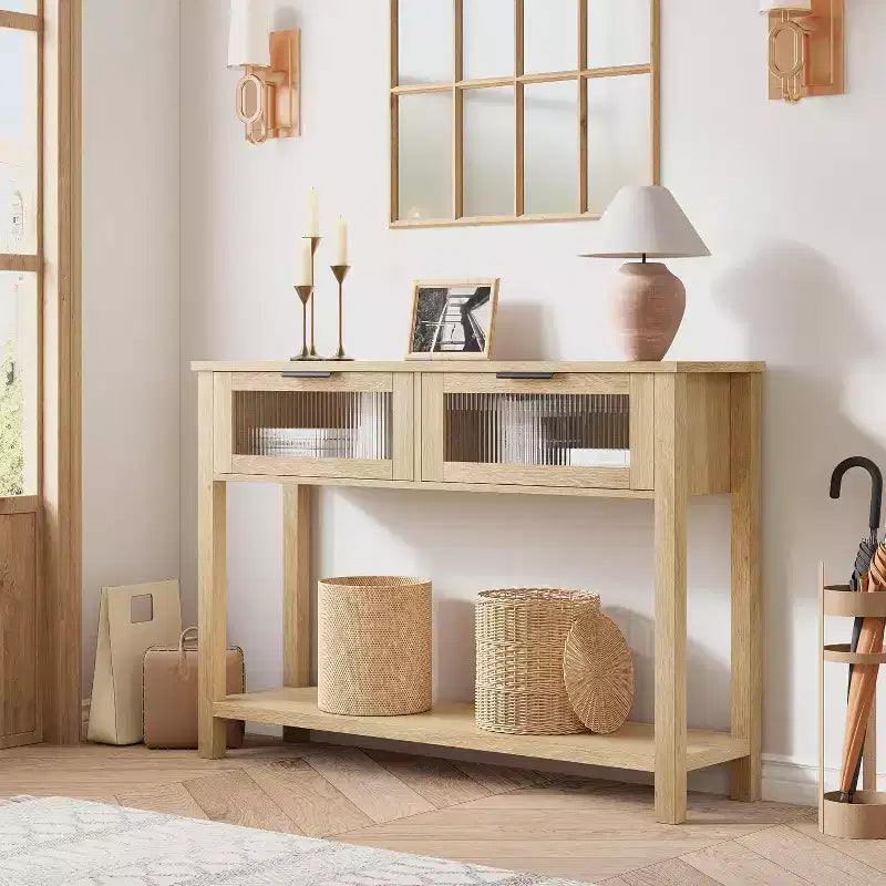 Console étroite à 2 niveaux avec 2 tiroirs en verre, table de canapé et d'entrée moderne pour salon, couloir, naturel
