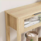 Console étroite à 2 niveaux avec 2 tiroirs en verre, table de canapé et d'entrée moderne pour salon, couloir, naturel