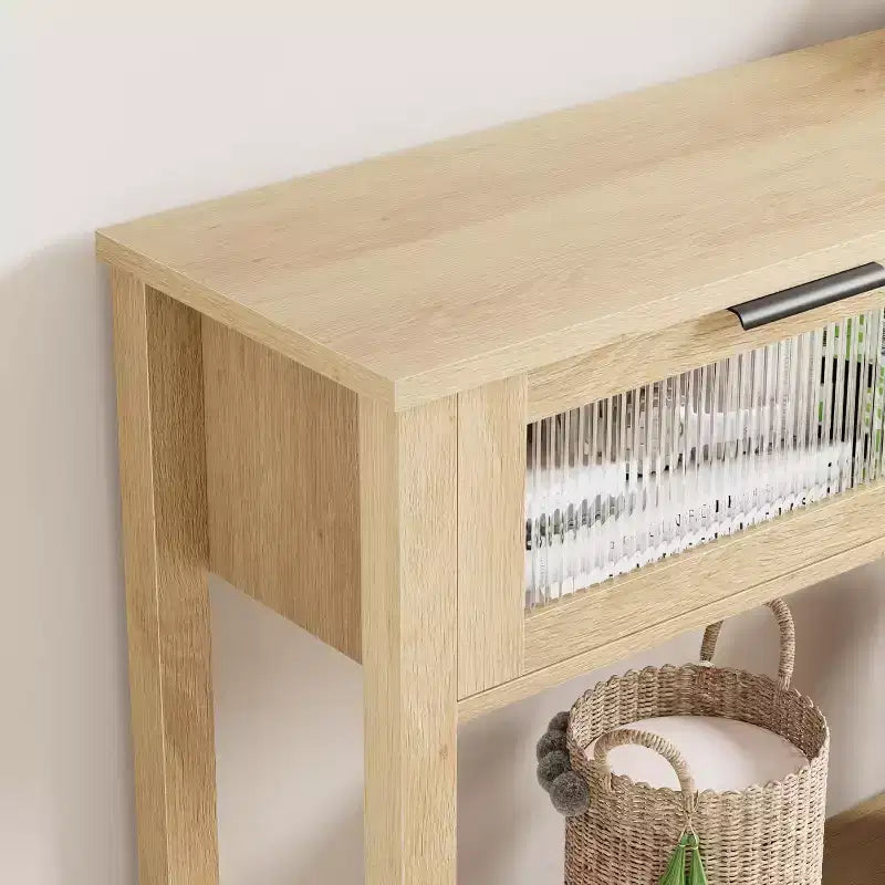 Console étroite à 2 niveaux avec 2 tiroirs en verre, table de canapé et d'entrée moderne pour salon, couloir, naturel