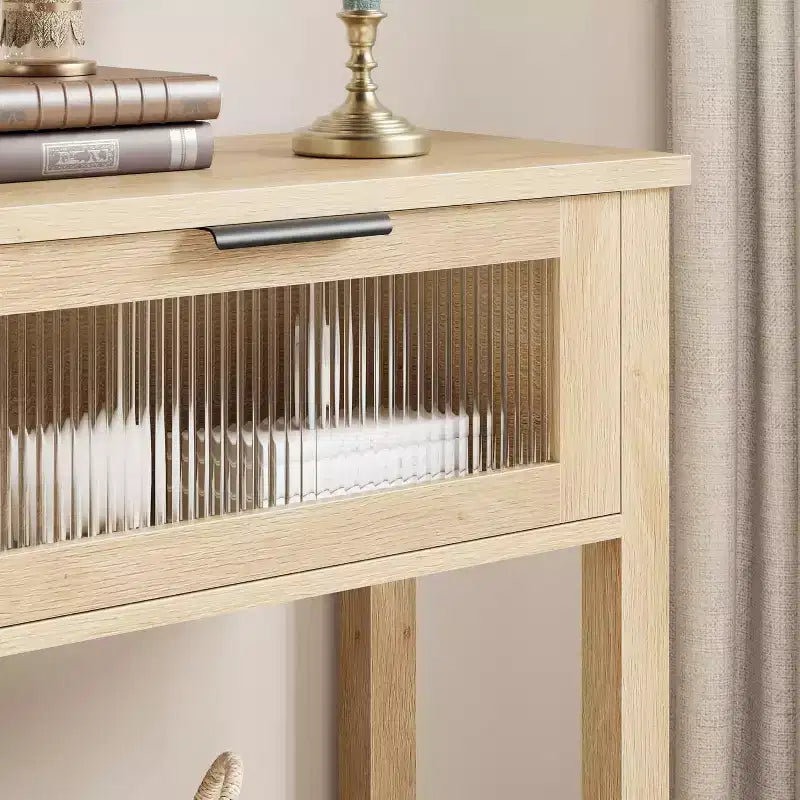 Console étroite à 2 niveaux avec 2 tiroirs en verre, table de canapé et d'entrée moderne pour salon, couloir, naturel