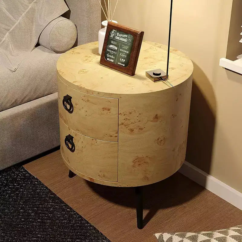 Table d'appoint ronde avec tiroirs, table de chevet moderne avec rangement, table d'appoint en bois, table de chevet ronde avec pieds en métal pour le salon