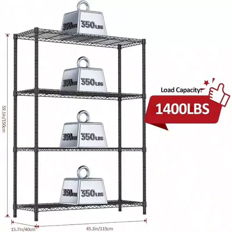 Étagères métalliques en fil noir robustes de 635 kg, 4 niveaux, réglables, pour garage, cuisine, bureau, dortoir, entrepôt