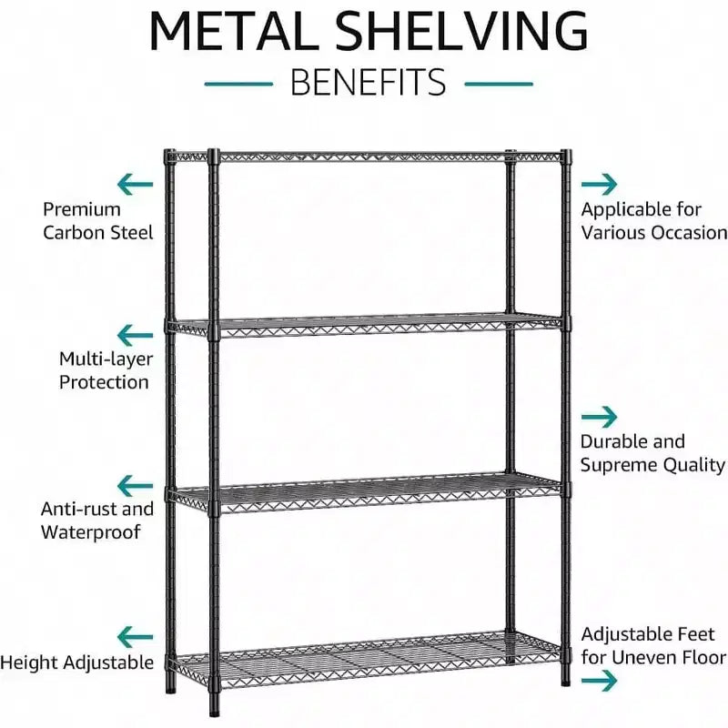 Étagères métalliques en fil noir robustes de 635 kg, 4 niveaux, réglables, pour garage, cuisine, bureau, dortoir, entrepôt