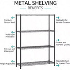 Étagères métalliques en fil noir robustes de 635 kg, 4 niveaux, réglables, pour garage, cuisine, bureau, dortoir, entrepôt
