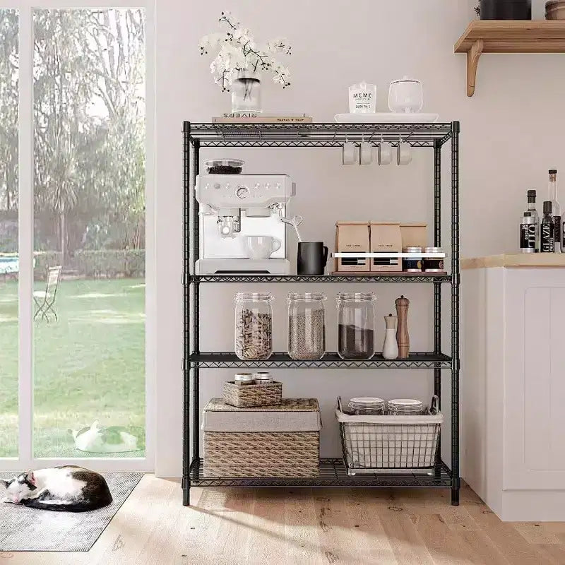 Étagères métalliques en fil noir robustes de 635 kg, 4 niveaux, réglables, pour garage, cuisine, bureau, dortoir, entrepôt