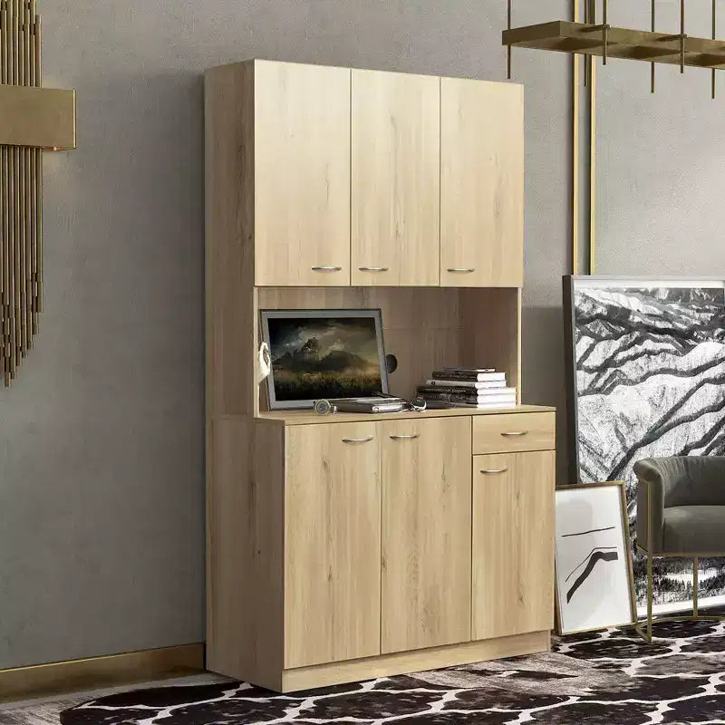 70,87 Meuble de rangement de cuisine autoportant avec 6 portes, tiroir, étagères ouvertes, buffet polyvalent, meuble de rangement pour loisirs créatifs