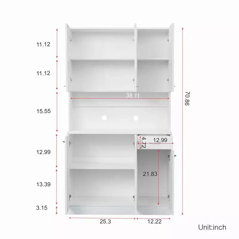 70,87 Meuble de rangement de cuisine autoportant avec 6 portes, tiroir, étagères ouvertes, buffet polyvalent, meuble de rangement pour loisirs créatifs