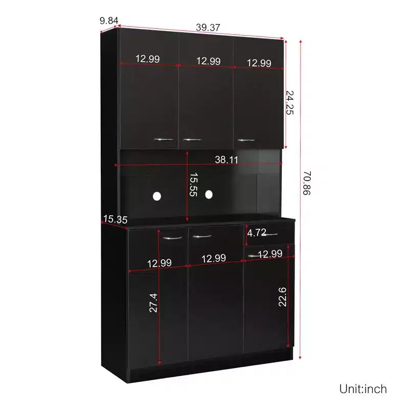 70,87 Meuble de rangement de cuisine autoportant avec 6 portes, tiroir, étagères ouvertes, buffet polyvalent, meuble de rangement pour loisirs créatifs