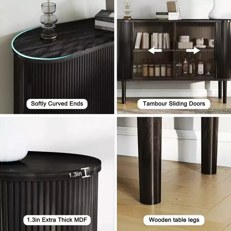 Buffet de rangement AEELLEEA 1,4 m de long en MDF courbé moderne avec portes pour cuisine, salon, chambre, noir