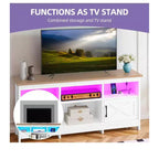 Meuble TV de ferme pour téléviseurs de 65 pouces, meuble de divertissement LED avec armoires, prise de courant, console multimédia pour salon, blanc et noyer