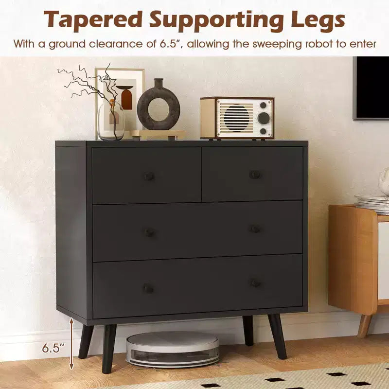 Commode Costway 4 tiroirs pour chambre à coucher, large commode avec rails de guidage en métal, teck et noir/noyer/naturel
