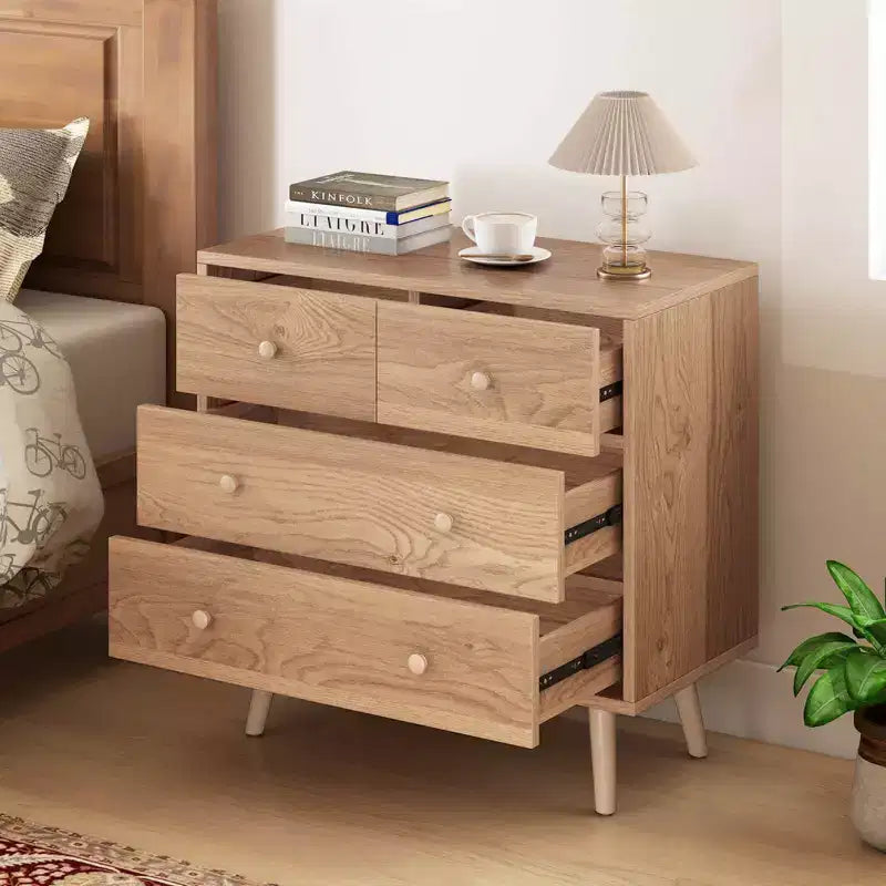 Commode Costway 4 tiroirs pour chambre à coucher, large commode avec rails de guidage en métal, teck et noir/noyer/naturel