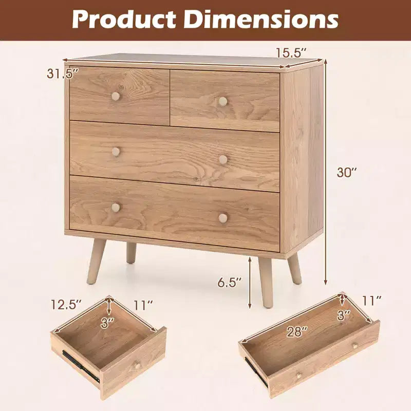 Commode Costway 4 tiroirs pour chambre à coucher, large commode avec rails de guidage en métal, teck et noir/noyer/naturel