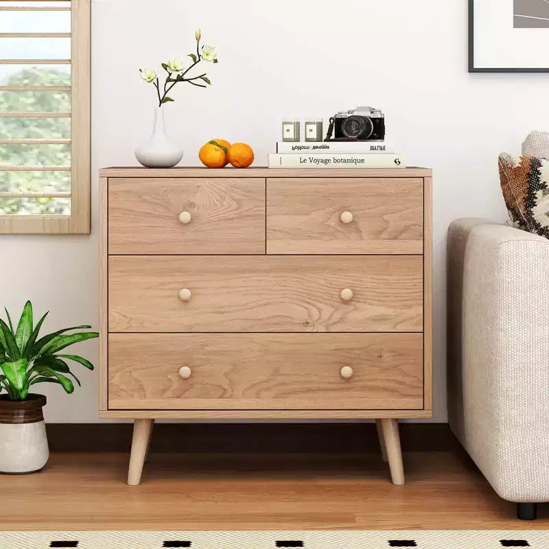 Commode Costway 4 tiroirs pour chambre à coucher, large commode avec rails de guidage en métal, teck et noir/noyer/naturel