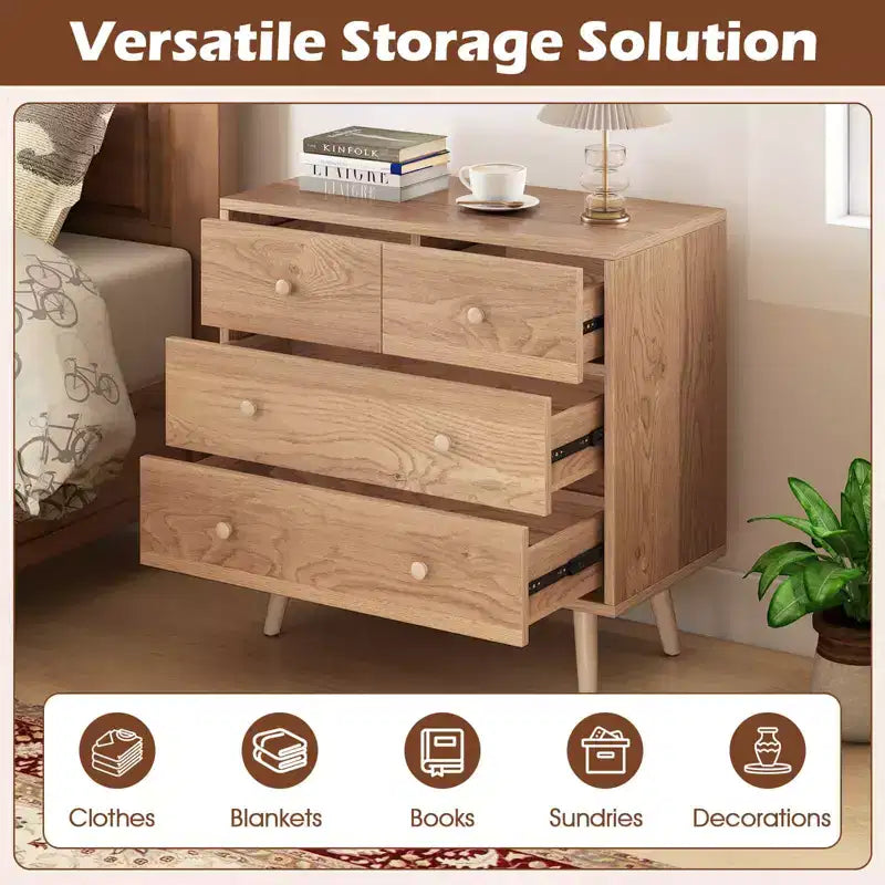 Commode Costway 4 tiroirs pour chambre à coucher, large commode avec rails de guidage en métal, teck et noir/noyer/naturel