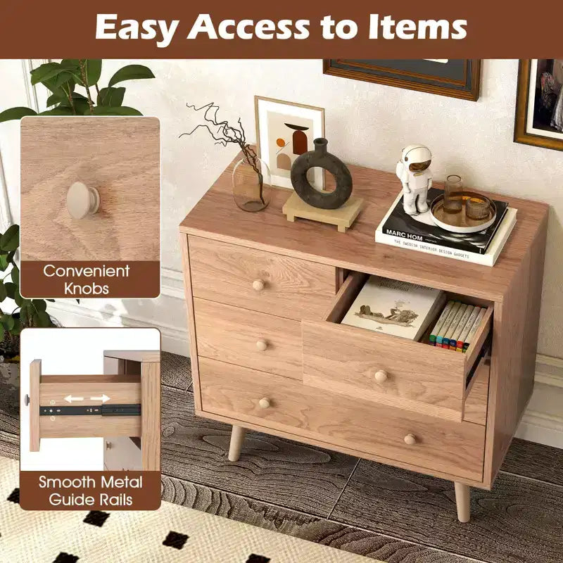 Commode Costway 4 tiroirs pour chambre à coucher, large commode avec rails de guidage en métal, teck et noir/noyer/naturel
