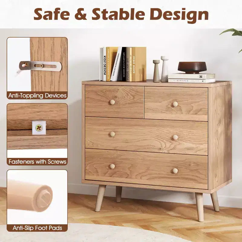 Commode Costway 4 tiroirs pour chambre à coucher, large commode avec rails de guidage en métal, teck et noir/noyer/naturel